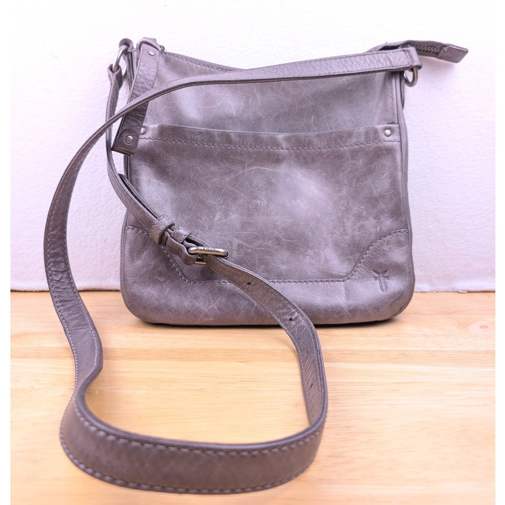 Frye Melissa Small Crossbody Bag Slate Gray Distressed Leather Zip Messenger
